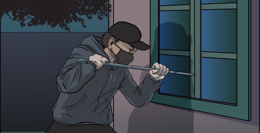 Illustration of burglar forcing entry through a window in Louisville